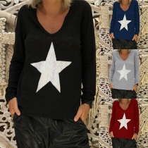  Fashion Pentagram Printed Long Sleeve V-neck T-shirt