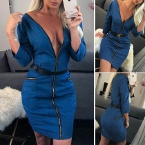 Sexy Zipper V-neck 3/4 Sleeve Slim Fit Denim Dress