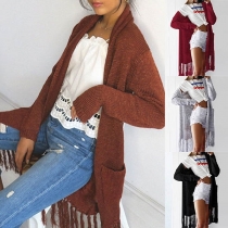  Fashion Solid Color Long Sleeve Tassel Hem Knit Cardigan 