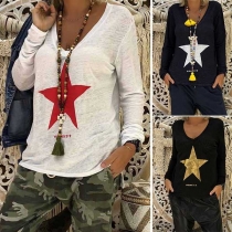 Fashion Letters Pentagram Printed Long Sleeve V-neck T-shirt 