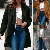 Fashion Solid Color Long Sleeve Irregular Hem Plush Cardigan 