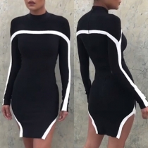 Fashion Contrast Color Long Sleeve Mock Neck Slit Hem Bodycon Dress
