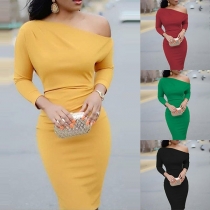 Sexy Oblique Shoulder Long Sleeve Solid Color Slim Fit Dress