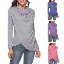 Fashion Solid Color Long Sleeve Irregular Hem Cowl Neck Hooded T-shirt 