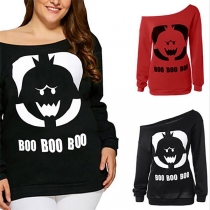 Sexy Oblique Shoulder Long Sleeve Printed Sweatshirt 