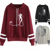 Cute Cat Printed Long Sleeve Casual Hoodie 