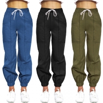 Fashion Solid Color Elastic Waist Loose Casual Pants 