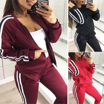 Fashion Striped Spliced Long Sleeve Sweatshirt Coat + Pants Two-piece Set 