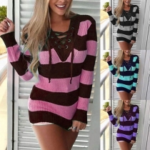 Fashion Long Sleeve Lace-up V-neck Striped Sweater 