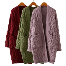 Fashion Solid Color Long Sleeve Front Pocket Knit Cardigan