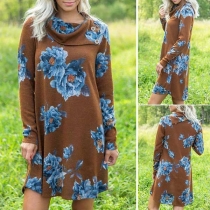 Fashion Long Sleeve Oblique Collar Loose Printed Sweatshirt Dress