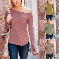 Sexy Oblique Shoulder Trumpet Sleeve Solid Color T-shirt 