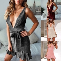 Sexy Backless Deep V-neck Ruffle Hem Solid Color Sling Dress