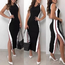 Sexy Slit Hem Sleeveless Round Neck Contrast Color Dress