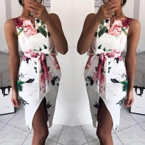Sexy Slit Hem Sleeveless Slim Fit Printed Dress