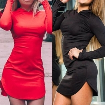 Fashion Solid Color Long Sleeve Slit Hem Hooded Slim Fit Dress