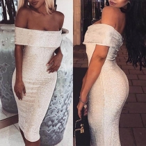 Sexy Off-shoulder Boat Neck Solid Color Slim Fit Party Dress