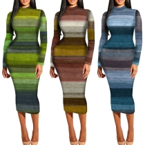 Fashion Long Sleeve Mock Neck Slim Fit Striped Dress