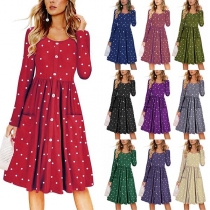 Fashion Long Sleeve Round Neck High Waist Dots Printed Dress