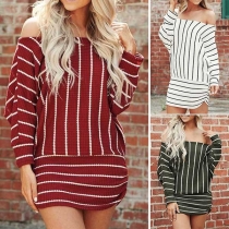 Sexy Off-shoulder Boat Neck Long Sleeve Slim Fit Striped Dress