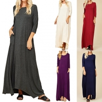 Fashion Solid Color 3/4 Sleeve Round Neck Maxi Dress