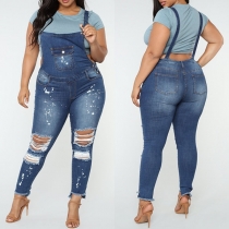 Fashion High Waist Slim Fit Ripped Denim Overalls 