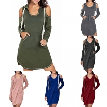Hoodie Style Solid Color U-neck Open Shoulder Drawstring Hooded Shift Dress
