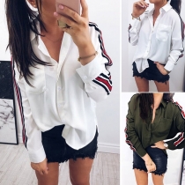 Fashion Striped Spliced Long Sleeve POLO Collar Shirt 