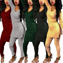 Sexy V-neck Slit Hem Long Sleeve Top + Pants Knit Two-piece Set