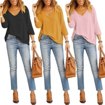 Fashion Solid Color 3/4 Sleeve V-neck Loose T-shirt 
