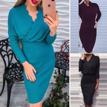 Fashion Solid Color Long Sleeve V-neck High Waist Knit Dress