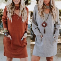 Fashion Solid Color Long Sleeve Choker V-neck Loose Dress