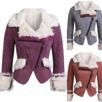 Fashion Faux Cashmere Spliced Long Sleeve Lapel Oblique Zipper Coat 