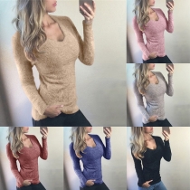 Fashion Solid Color Long Sleeve U-neck Slim Fit Plush Sweater