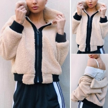 Fashion Contrast Color Long Sleeve Zipper Plush Hooded Coat