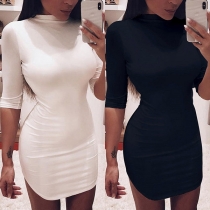 Elegant Solid Color Half Sleeve Round Neck Slim Fit Dress