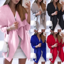 Fashion Lapel Collar Solid Color Long Sleeve Slim Fit Irregular Hem Lace-up Coat