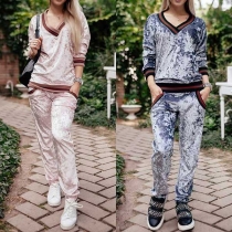 Fashion Striped Spliced Long Sleeve V-neck Sweatshirt + Pants Two-piece Set 