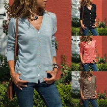 Fashion Solid Color Long Sleeve V-neck Single-breasted Knit Cardigan
