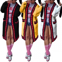 Fashion Contrast Color Long Sleeve Beaded Cardigan
