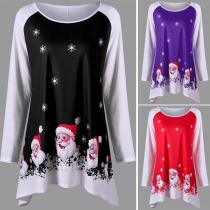 Fashion Santa Claus Printed Long Sleeve Round Neck Irregular Hem T-shirt 
