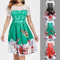 Fashion Lace Spliced Short Sleeve Round Neck Santa Claus Printed Dress