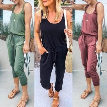 Fashion Solid Color Drawstring Waist Sleeveless Jumpsuit