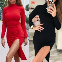 Sexy Slit Hem Long Sleeve Mock Neck Solid Color Tight Dress