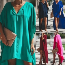 Sexy V-neck Short Sleeve High-low Hem Solid Color Dress