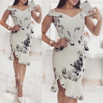 Sexy Boat Neck Ruffle Hem High Waist Slim Fit Printed Dress