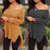 Sexy V-neck Slit Hem Long Sleeve Solid Color Top