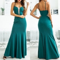 Sexy Square Collar Backless Mesh Spliced Slim Fit Cami Dress
