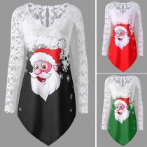Sexy Lace Spliced Long Sleeve Irregular Hem Santa Claus Printed Top