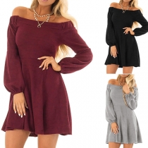 Sexy Off-shoulder Boat Neck Puff Sleeve Solid Color Dress